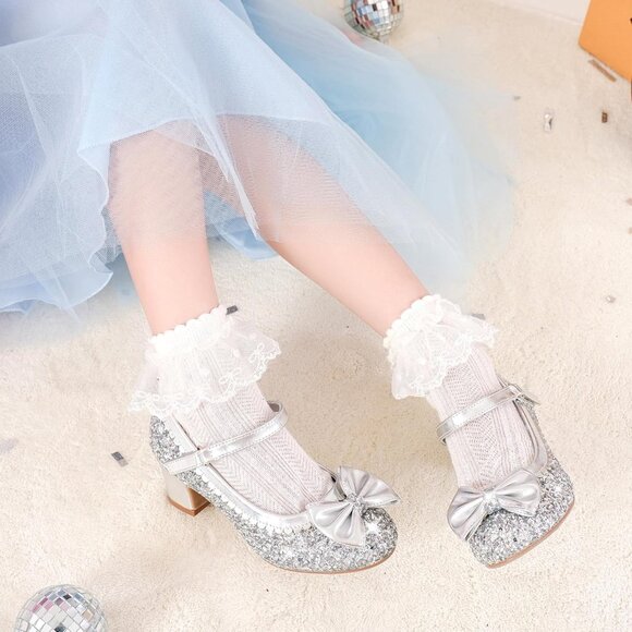 Girls Silver Sequins Cute Bow-knot Sparkle Mary Jane Flower Wedding Dress Shoes - Picture 2 of 7